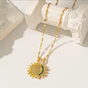 Gold and Blue Sun and Moon Pendant Necklace